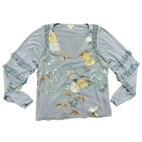 Anthropologie Tiny Frances Long-Sleeve Ruffled Top Embroidered S $118 - Picture 1 of 7